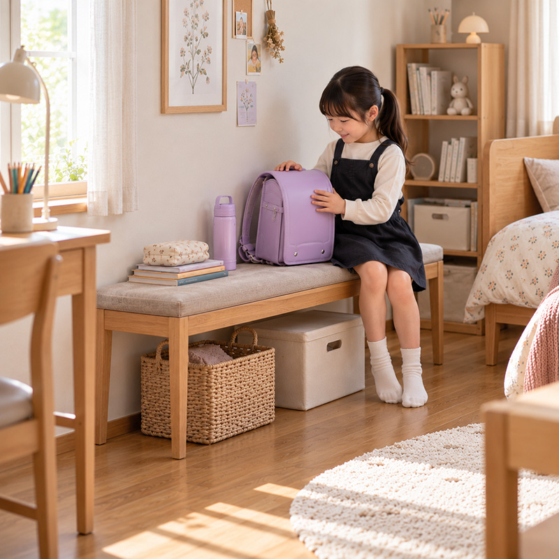 子ども部屋の腰掛けや荷物置きとして使う